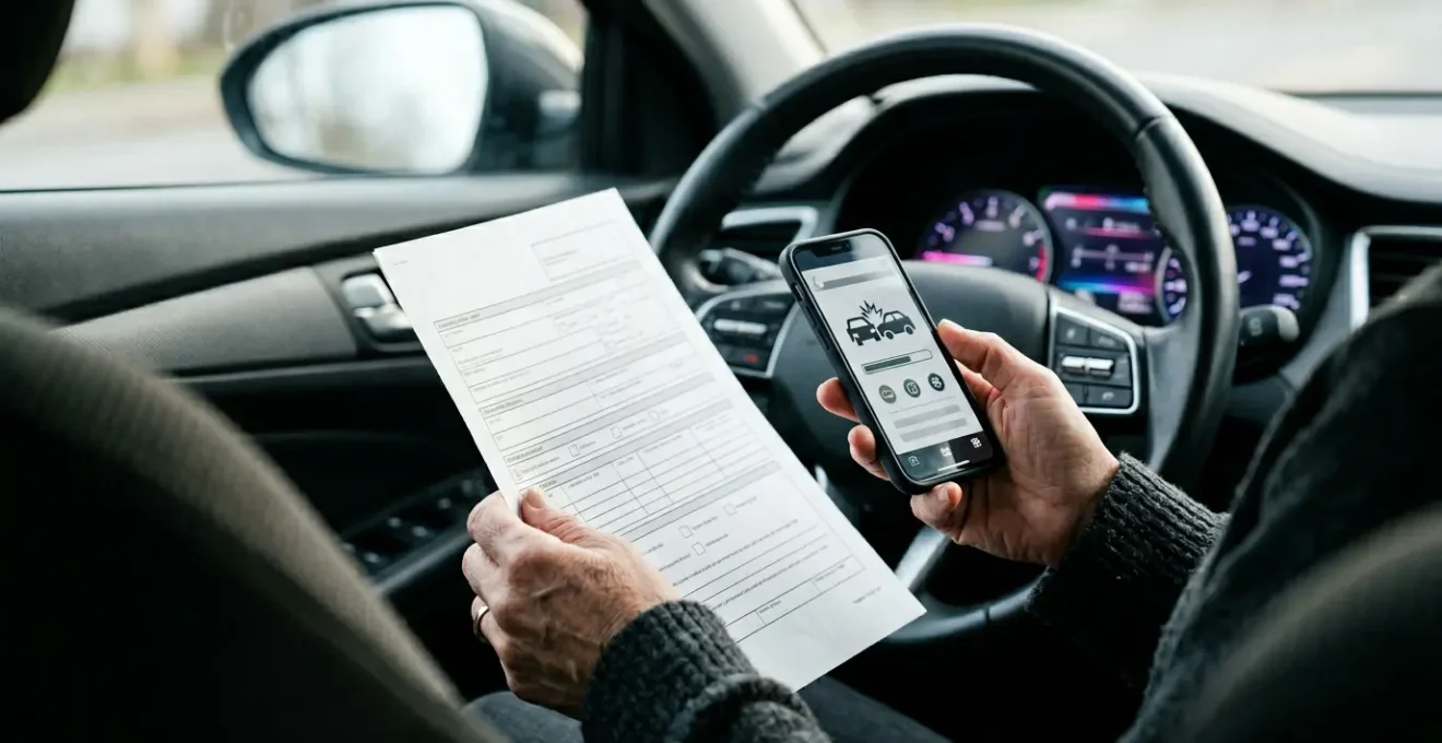 Tableau de bord automobile avec notification d'accident et documents d'assurance, symbolisant la gestion du malus après sinistre responsable