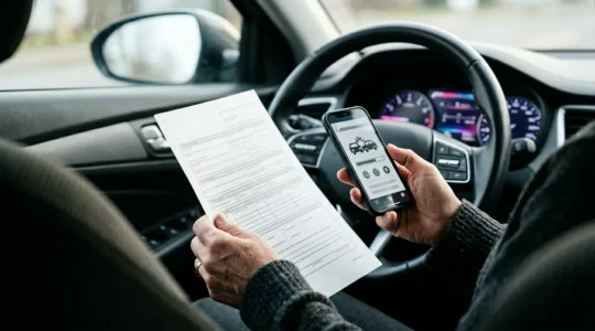 Tableau de bord automobile avec notification d'accident et documents d'assurance, symbolisant la gestion du malus après sinistre responsable