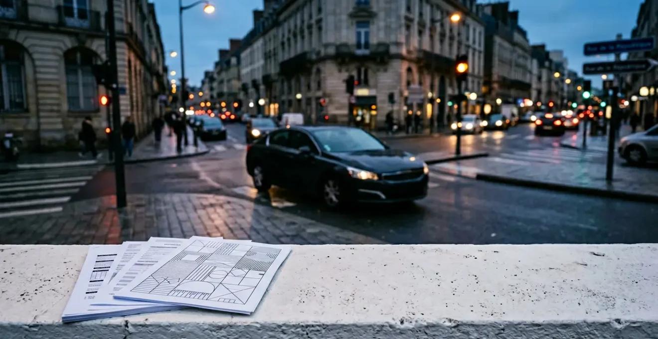 Vue d'ensemble d'une scène d'accident de la route avec documents administratifs illustrant la prise en charge des victimes sans responsable identifié