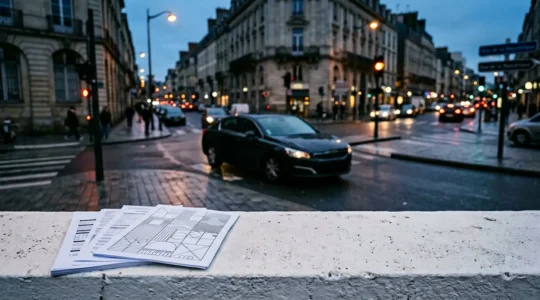 Vue d'ensemble d'une scène d'accident de la route avec documents administratifs illustrant la prise en charge des victimes sans responsable identifié