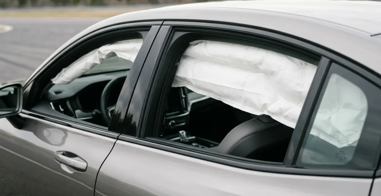 Airbag rideau déployé le long de la vitre latérale d'un véhicule moderne, illustrant la zone de protection critique