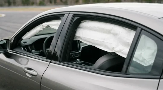 Airbag rideau déployé le long de la vitre latérale d'un véhicule moderne, illustrant la zone de protection critique