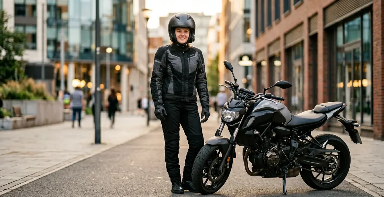 Jeune motard avec casque et équipement complet devant sa moto A2 dans un environnement urbain moderne