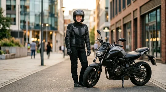 Jeune motard avec casque et équipement complet devant sa moto A2 dans un environnement urbain moderne