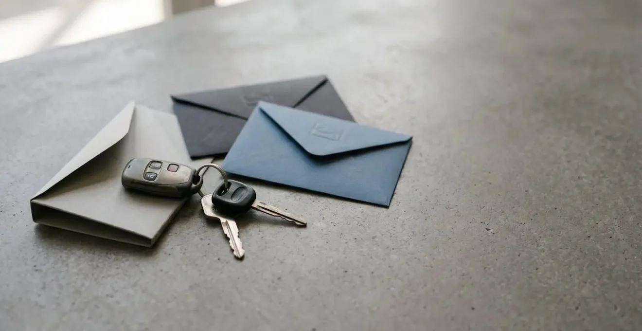 Scène conceptuelle d'autopartage entre particuliers avec clés de voiture et documents d'assurance