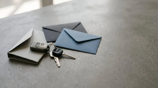 Scène conceptuelle d'autopartage entre particuliers avec clés de voiture et documents d'assurance