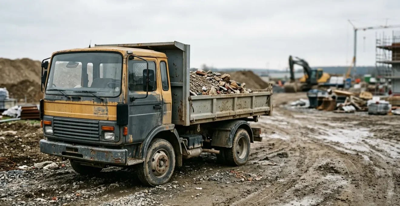Camion-benne trois tonnes cinq sur chantier avec benne basculante et matériaux de construction