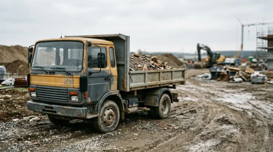 Camion-benne trois tonnes cinq sur chantier avec benne basculante et matériaux de construction