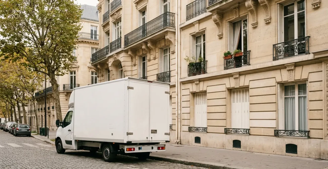 Camion de déménagement 20m³ garé devant un immeuble résidentiel lors d'un déménagement