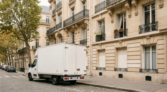 Camion de déménagement 20m³ garé devant un immeuble résidentiel lors d'un déménagement