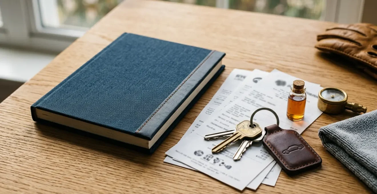 Carnet d'entretien automobile avec factures organisées et clés de voiture