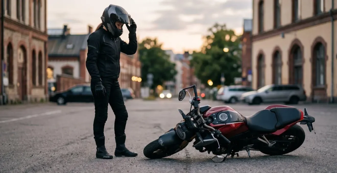 Motard réfléchissant face à sa moto légèrement couchée suite à une chute à l'arrêt