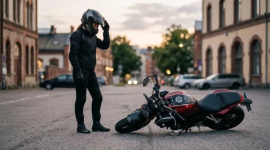 Motard réfléchissant face à sa moto légèrement couchée suite à une chute à l'arrêt