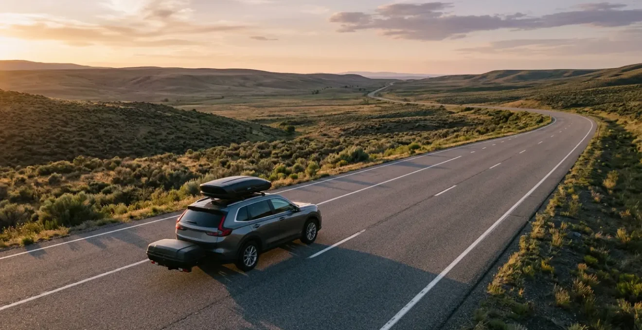 Vue aérienne d'un véhicule sur route avec coffre de toit et coffre d'attelage illustrant le comparatif de consommation de carburant