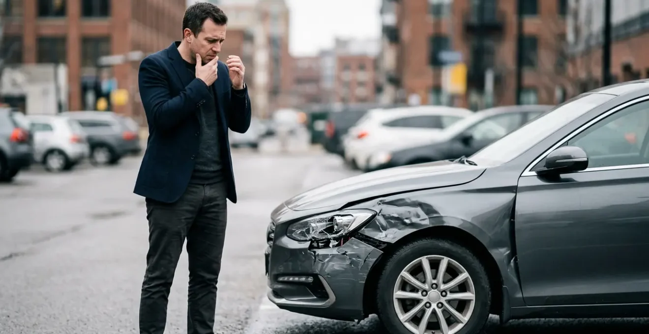 Conducteur préoccupé se tenant près de sa voiture endommagée, illustrant les limites de la responsabilité civile auto