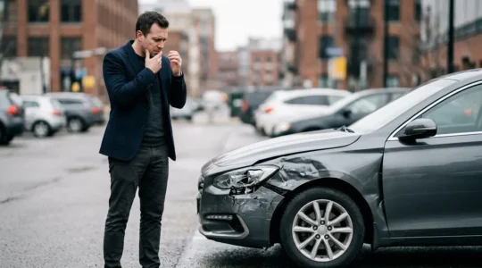Conducteur préoccupé se tenant près de sa voiture endommagée, illustrant les limites de la responsabilité civile auto