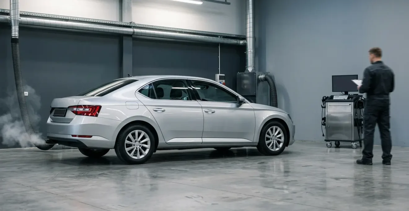 Scène éditoriale d'un véhicule diesel moderne dans un contexte de contrôle technique automobile illustrant l'importance du filtre à particules