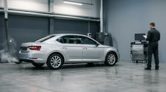 Scène éditoriale d'un véhicule diesel moderne dans un contexte de contrôle technique automobile illustrant l'importance du filtre à particules