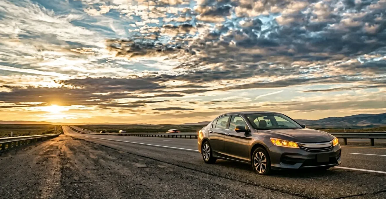 Véhicule immobilisé sur bande d'arrêt d'urgence d'autoroute suite à une crevaison avec warnings allumés