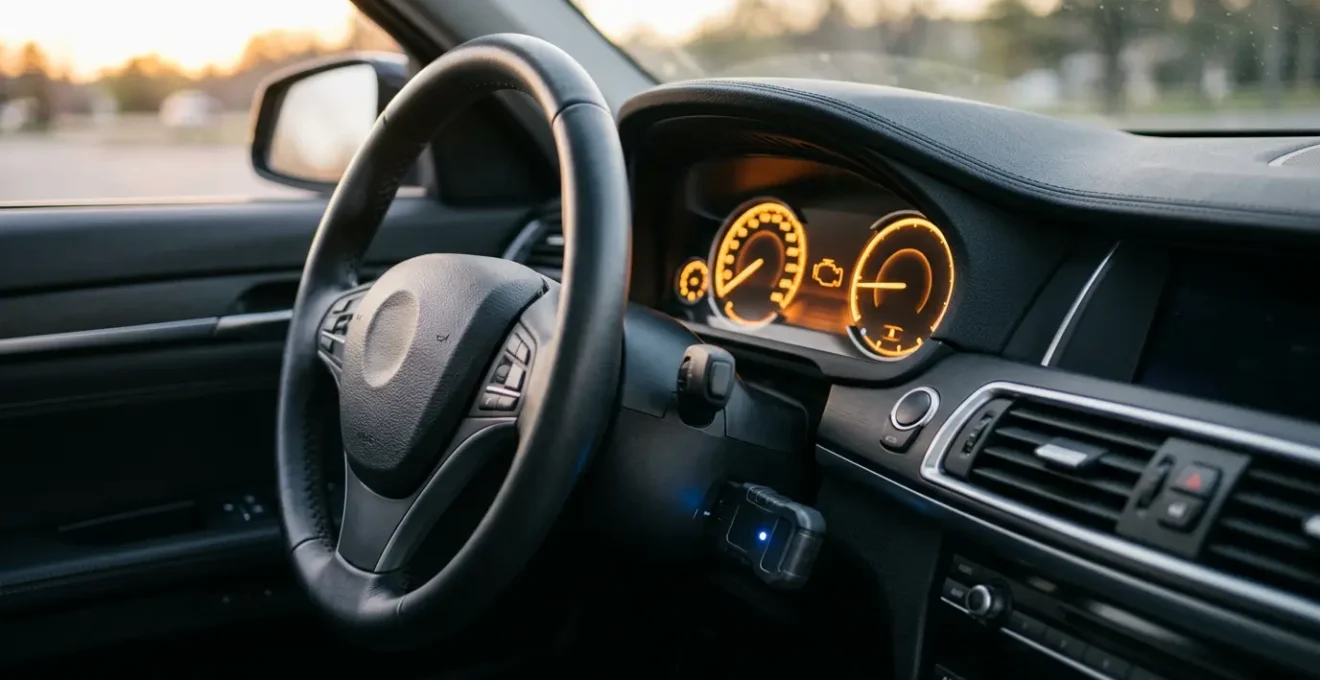 Tableau de bord moderne d'automobile avec voyant moteur allumé et boîtier de diagnostic OBD2 connecté