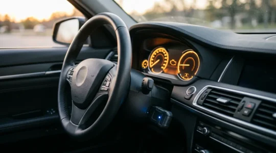 Tableau de bord moderne d'automobile avec voyant moteur allumé et boîtier de diagnostic OBD2 connecté