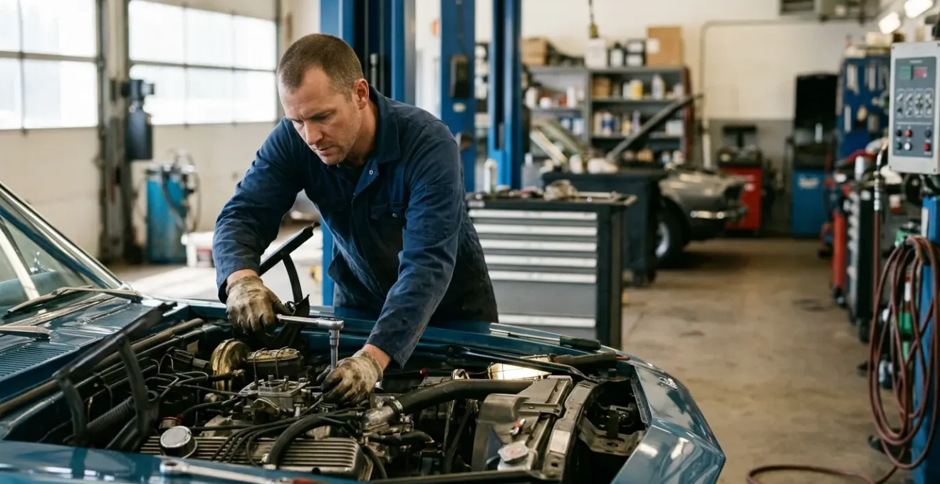 Mécanicien professionnel travaillant sur un moteur de voiture dans un garage indépendant