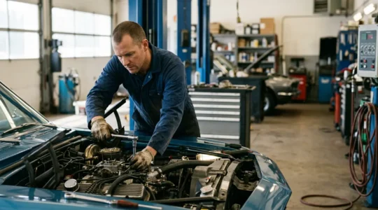 Mécanicien professionnel travaillant sur un moteur de voiture dans un garage indépendant