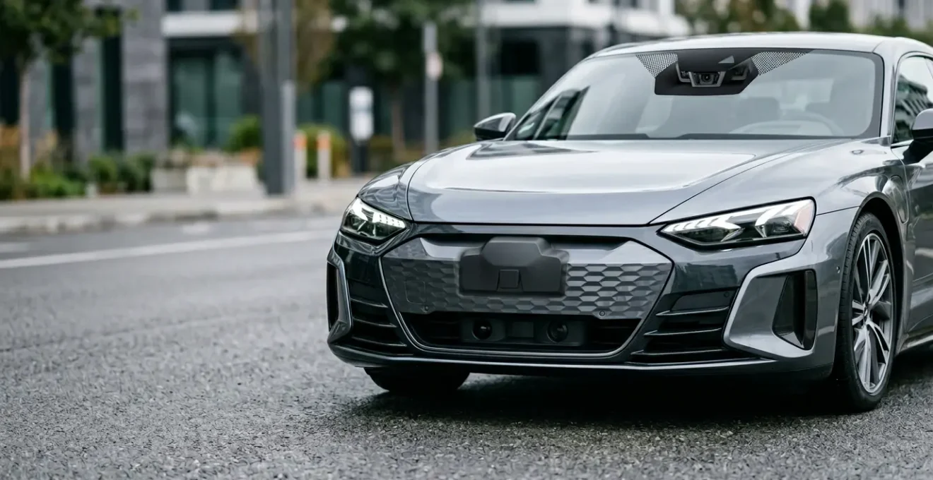 Vue détaillée des capteurs radar et caméra d'un système de freinage automatique d'urgence sur un véhicule moderne