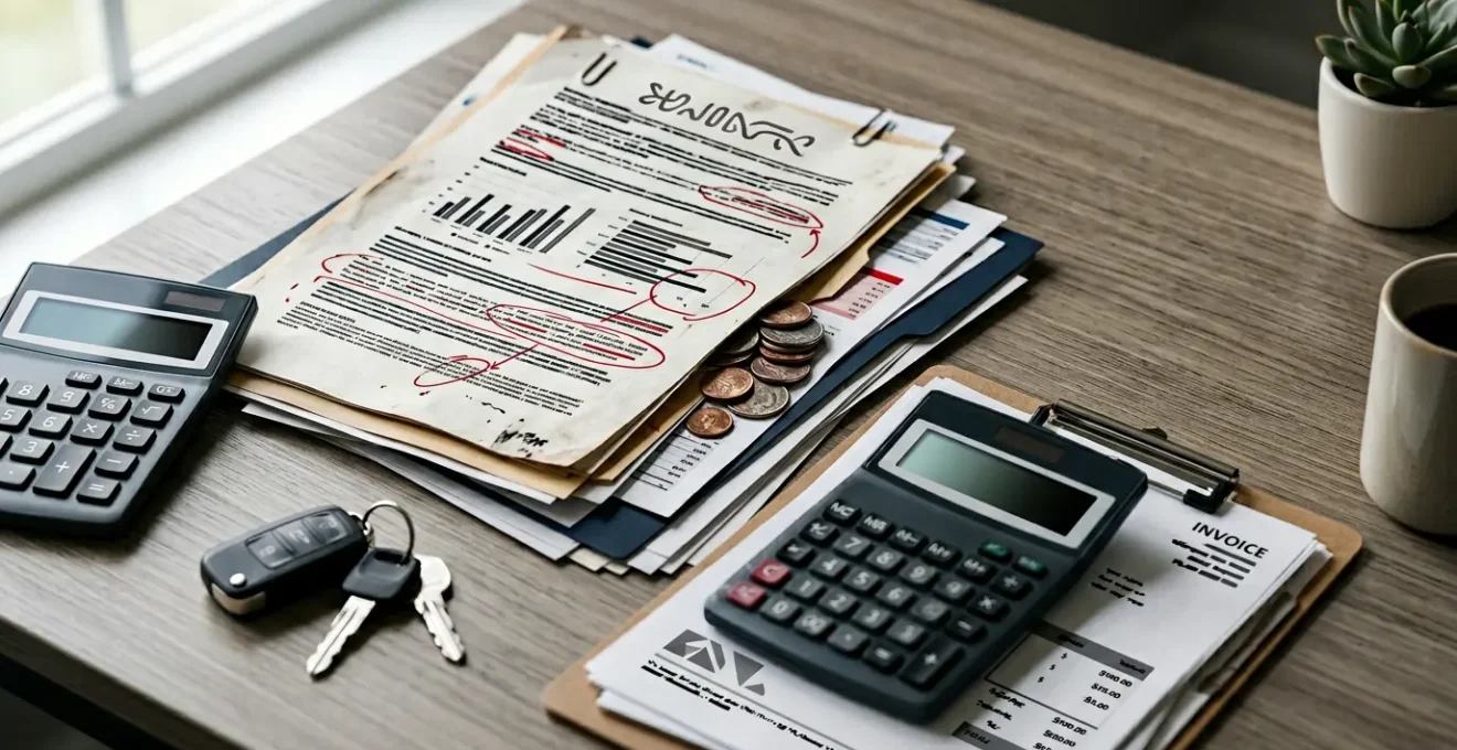 Gestionnaire de flotte analysant les coûts cachés du TCO avec des documents financiers et des clés de véhicules professionnels sur un bureau moderne