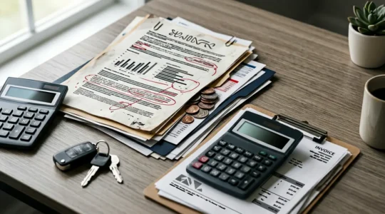 Gestionnaire de flotte analysant les coûts cachés du TCO avec des documents financiers et des clés de véhicules professionnels sur un bureau moderne