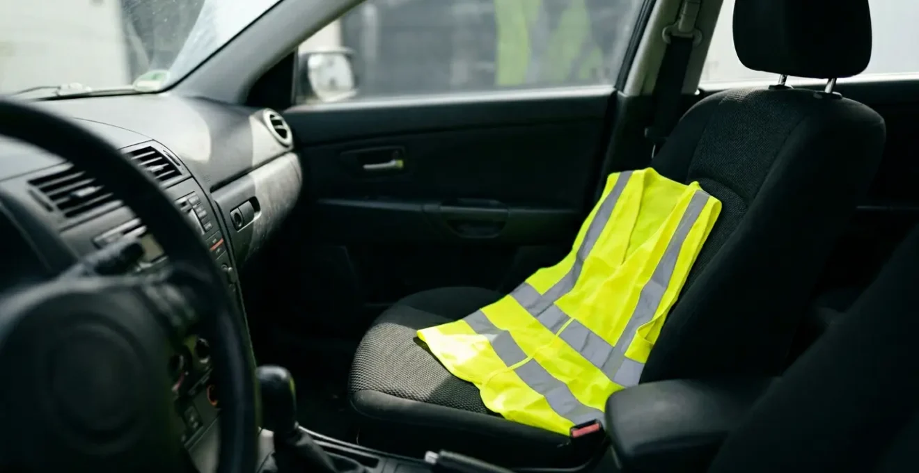 Gilet de sécurité jaune haute visibilité posé sur siège conducteur accessible immédiatement