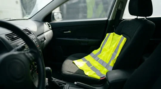 Gilet de sécurité jaune haute visibilité posé sur siège conducteur accessible immédiatement