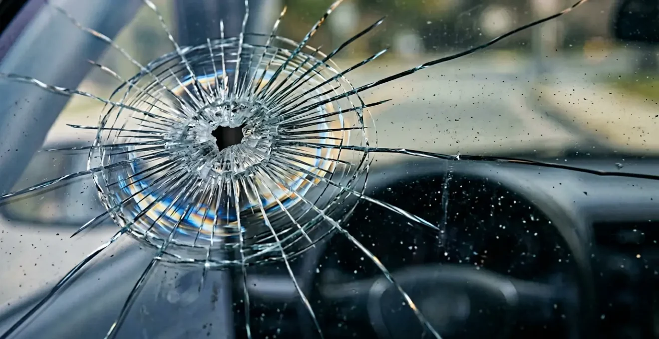 Gros plan sur un impact de pare-brise automobile avec reflet de lumière naturelle