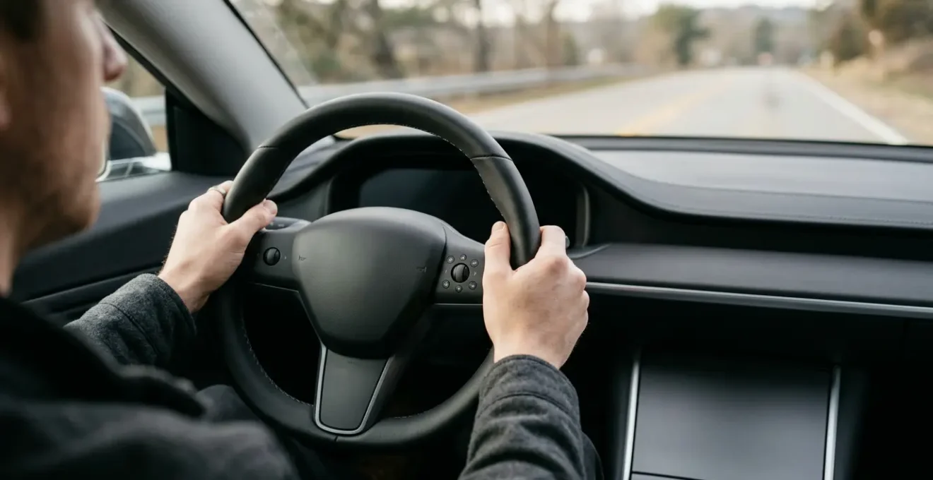 Volant de voiture moderne avec système audio intégré et tableau de bord épuré, mettant l'accent sur la conduite sécurisée sans distraction