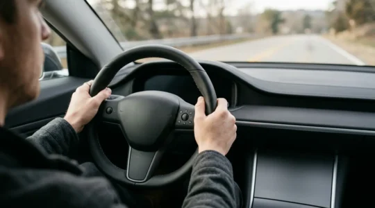 Volant de voiture moderne avec système audio intégré et tableau de bord épuré, mettant l'accent sur la conduite sécurisée sans distraction
