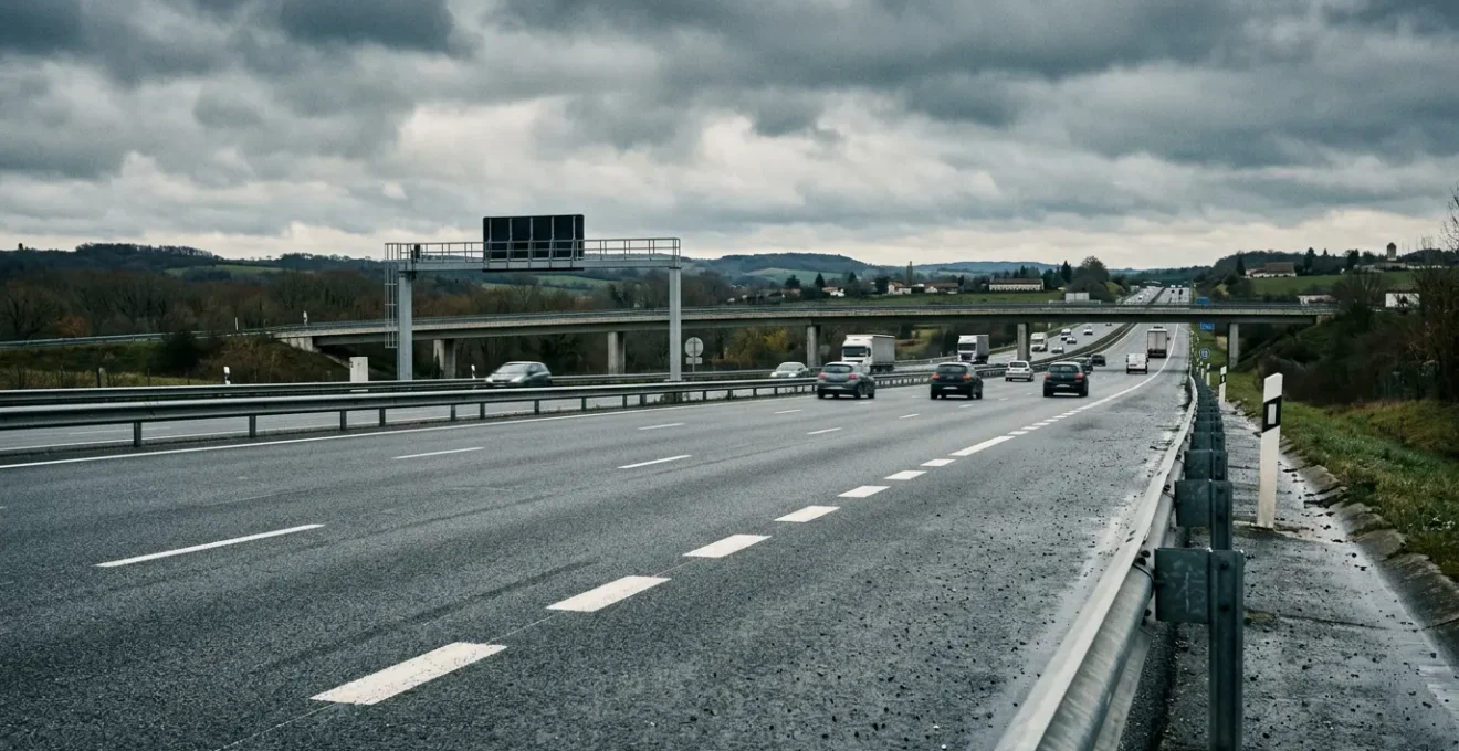 Vue d'une autoroute française avec panneau de limitation de vitesse sous un ciel nuageux
