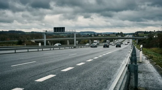 Vue d'une autoroute française avec panneau de limitation de vitesse sous un ciel nuageux