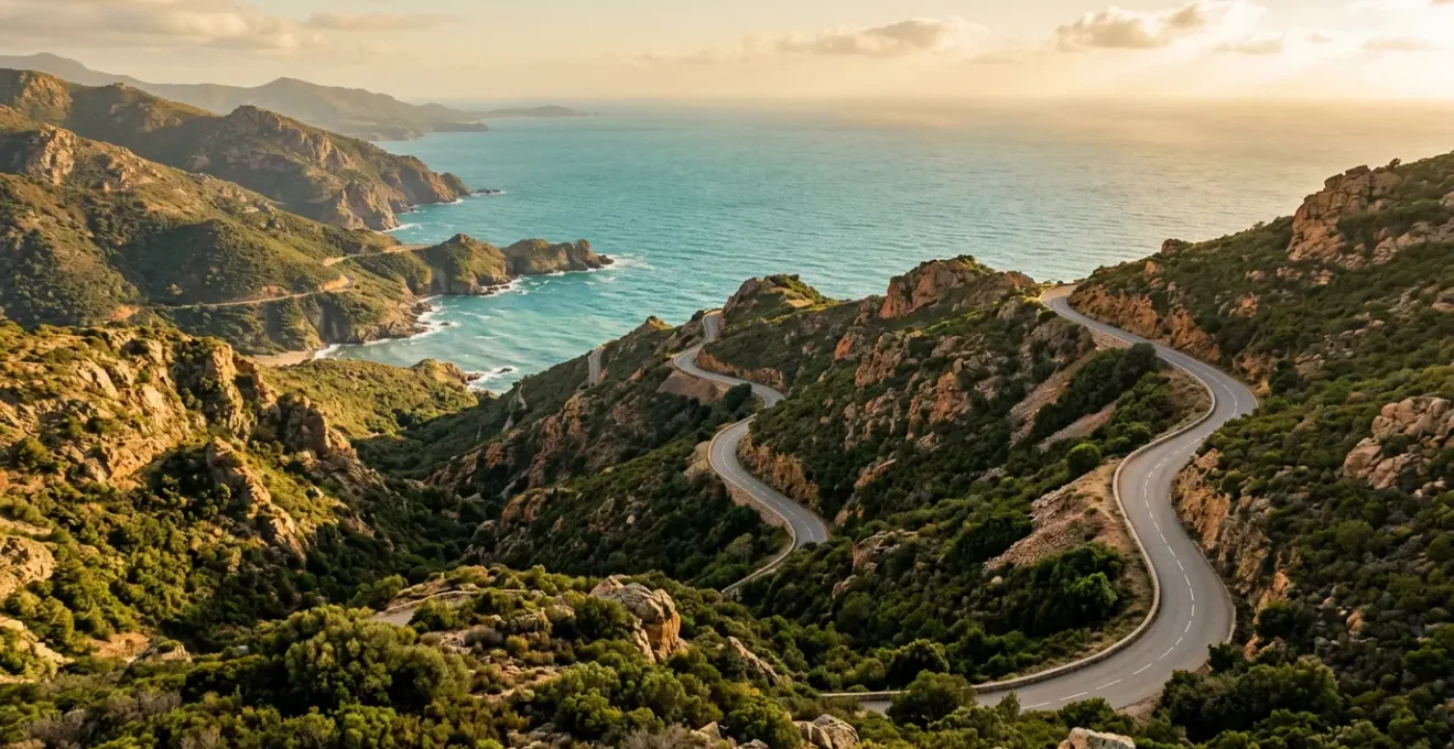Vue aérienne d'une route côtière sinueuse en Corse avec la mer Méditerranée en arrière-plan