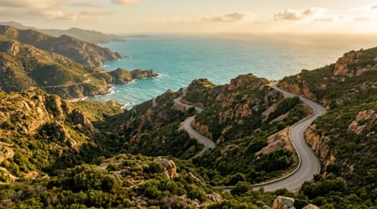 Vue aérienne d'une route côtière sinueuse en Corse avec la mer Méditerranée en arrière-plan