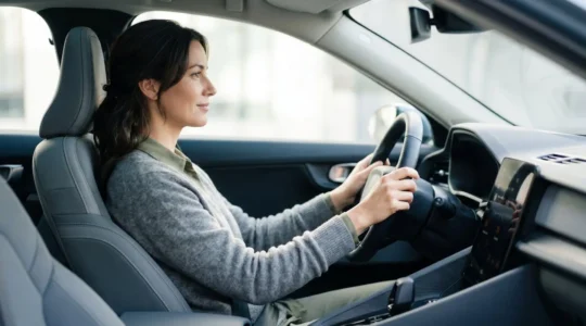 Conducteur installé confortablement au volant grâce à un coussin lombaire ergonomique