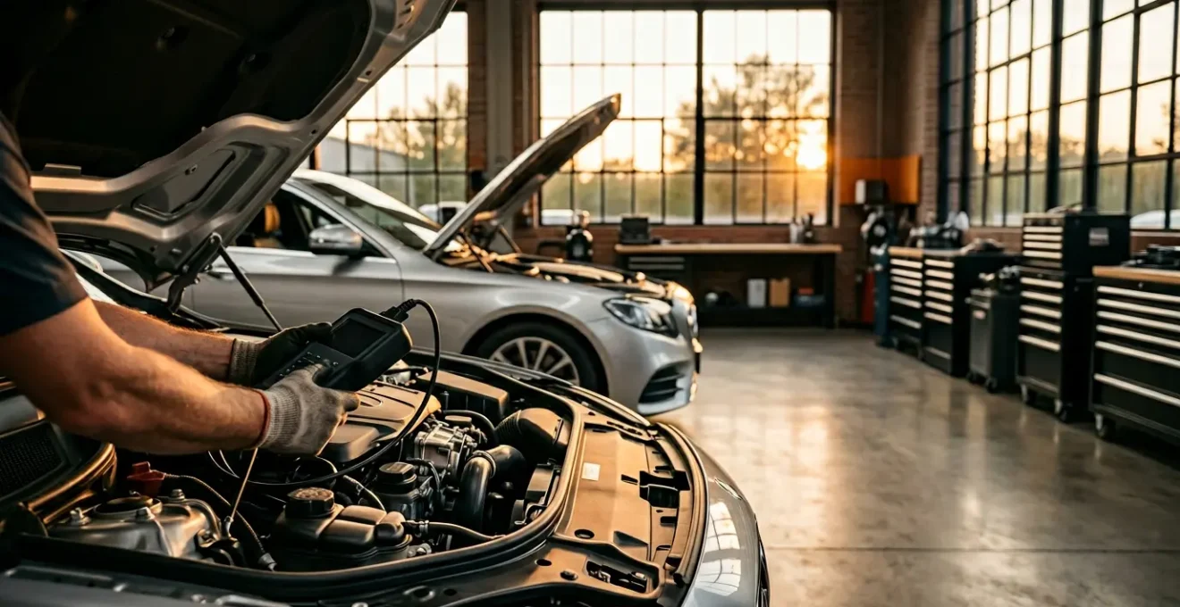 Un mécanicien professionnel examine attentivement les composants sous le capot d'une voiture lors d'une préparation au contrôle technique