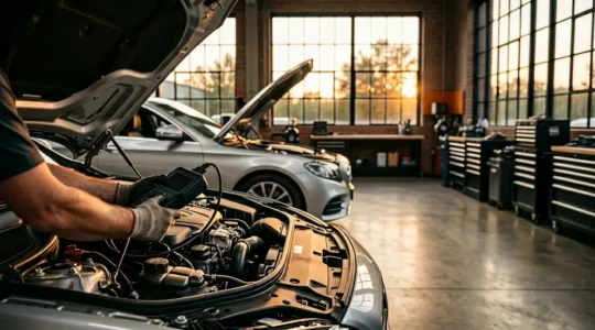 Un mécanicien professionnel examine attentivement les composants sous le capot d'une voiture lors d'une préparation au contrôle technique