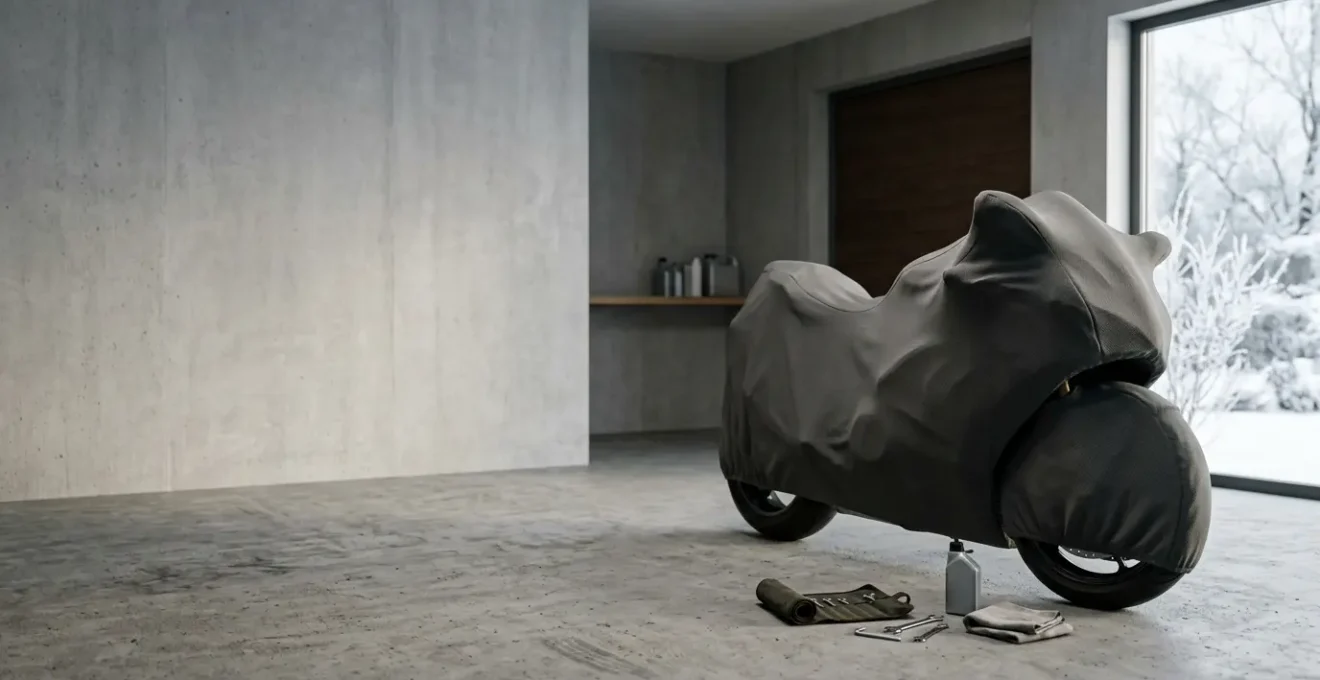 Moto garée dans un garage fermé pendant l'hiver avec équipements de protection