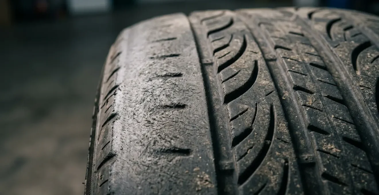 Gros plan sur un pneu de voiture montrant une usure irrégulière due à un mauvais réglage de la géométrie