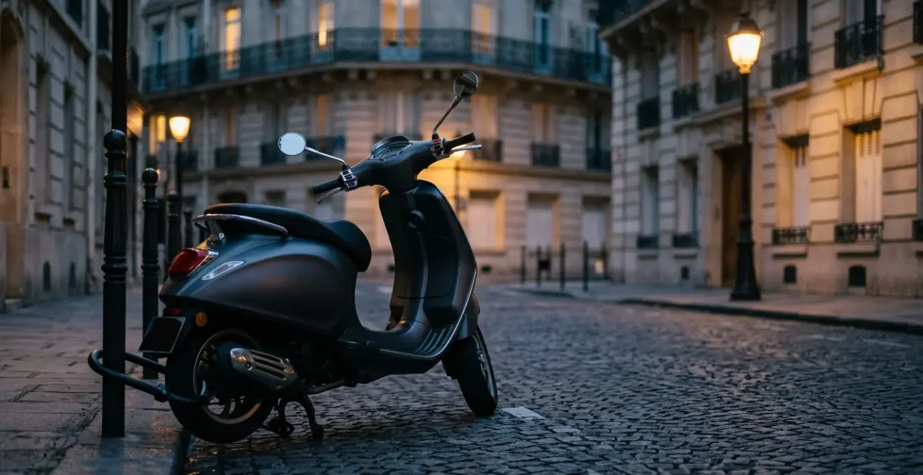Scooter 125cc sécurisé avec antivol dans un environnement urbain parisien au crépuscule