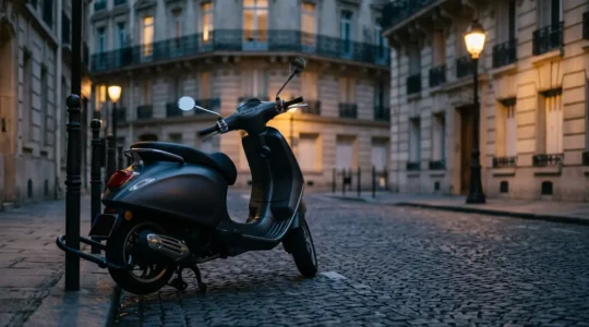 Scooter 125cc sécurisé avec antivol dans un environnement urbain parisien au crépuscule