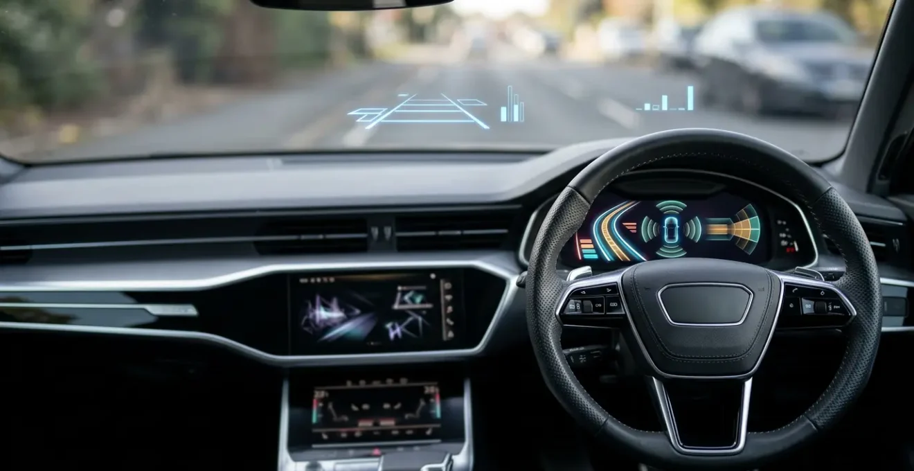 Tableau de bord moderne d'une voiture avec systèmes de sécurité active et capteurs technologiques ADAS