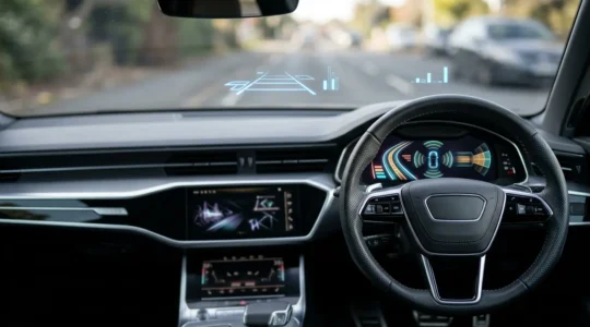 Tableau de bord moderne d'une voiture avec systèmes de sécurité active et capteurs technologiques ADAS