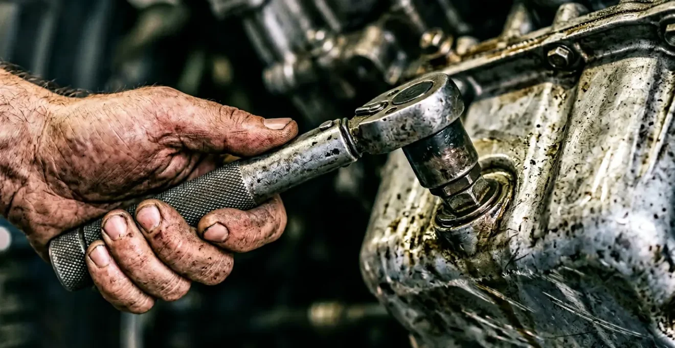 Gros plan sur une main tenant une clé dynamométrique près d'un carter moteur, symbolisant la vidange automobile DIY