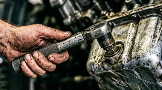 Gros plan sur une main tenant une clé dynamométrique près d'un carter moteur, symbolisant la vidange automobile DIY